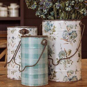Set/3 Blue & White Metal Flower Buckets